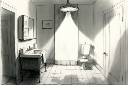 bathroom, with white pedestal sink and steamy shower, drawn in simple pencil sketch, created with generative aiの素材