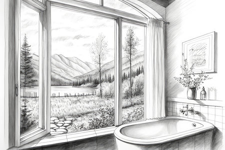 bathroom with window overlooking scenic landscape, pencil sketch of nature and peaceful setting, created with generative aiの素材