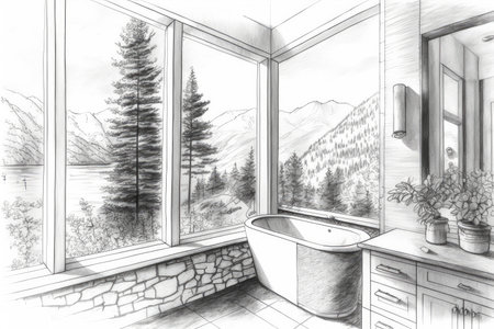 bathroom with window overlooking scenic landscape, pencil sketch of nature and peaceful setting, created with generative aiの素材