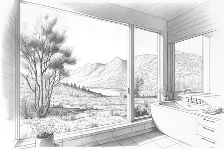 bathroom with window overlooking scenic landscape, pencil sketch of nature and peaceful setting, created with generative aiの素材