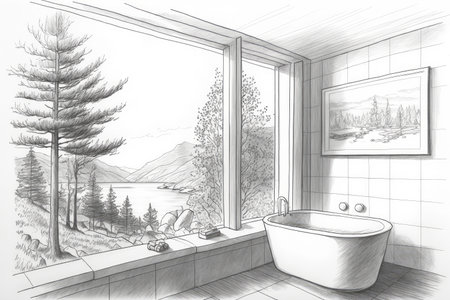 bathroom with window overlooking scenic landscape, pencil sketch of nature and peaceful setting, created with generative aiの素材