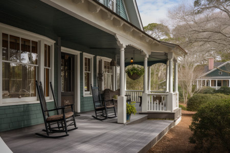 cape cod house with wrap-around porch, rocking chair, and lantern, created with generative aiの素材