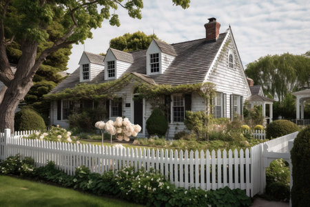 classic cape cod house with white exterior, picket fence and shingled roof, created with generative aiの素材