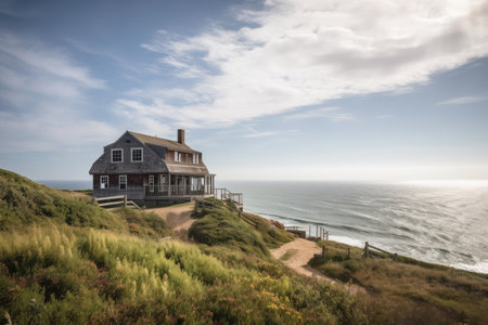 cape cod house, with ocean views and waves in the background, on cliffside perch, created with generative aiの素材