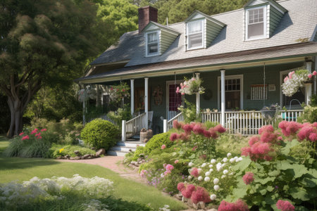 cape cod house with front porch and wicker furniture, surrounded by flowering gardens, created with generative aiの素材