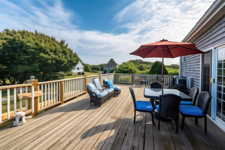 cape cod house with wraparound deck, perfect for entertaining or relaxing, created with generative aiの素材