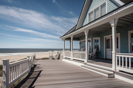 cape cod house with wrap-around porch, rocking chairs, and view of the beach, created with generative aiの素材