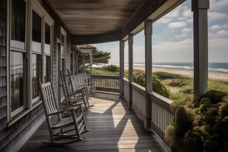 cape cod house with wrap-around porch, rocking chairs, and view of the beach, created with generative aiの素材