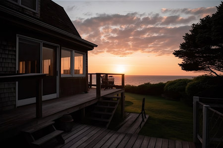 cape cod house with private beach and sunsets, created with generative aiの素材