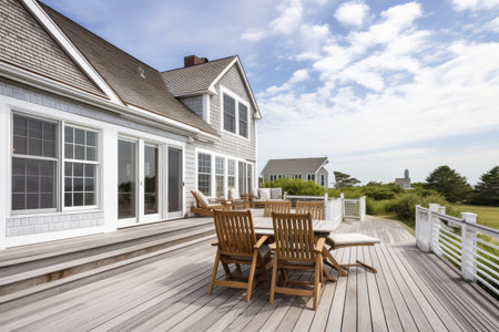 cape cod house exterior with wooden deck and outdoor furniture, created with generative aiの素材