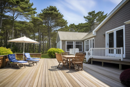 cape cod house exterior with wooden deck and outdoor furniture, created with generative aiの素材