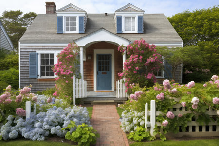 cape cod house exterior with blooming garden and welcoming porch, created with generative aiの素材
