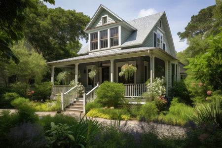 cape cod house with wrap-around porch, surrounded by lush greenery, created with generative aiの素材