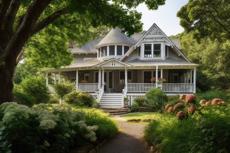 cape cod house with wrap-around porch surrounded by lush greenery, created with generative aiの素材