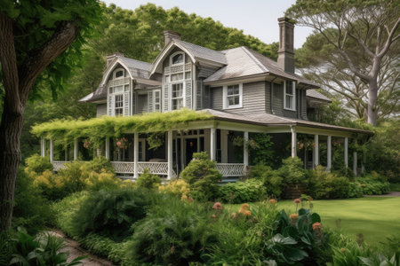 cape cod house with wrap-around porch surrounded by lush greenery, created with generative aiの素材