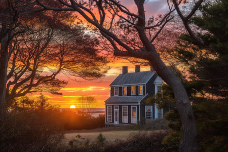 cape cod house with view of colorful sunrise, framed by the silhouette of trees, created with generative aiの素材