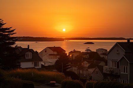 evening, with sun setting over the ocean and houses in the background, created with generative aiの素材