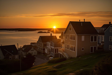 evening, with sun setting over the ocean and houses in the background, created with generative aiの素材