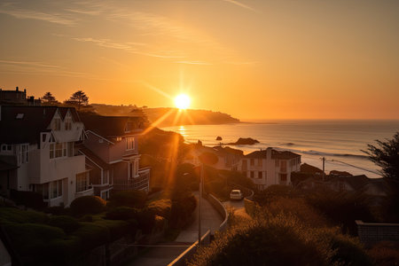 evening, with sun setting over the ocean and houses in the background, created with generative aiの素材