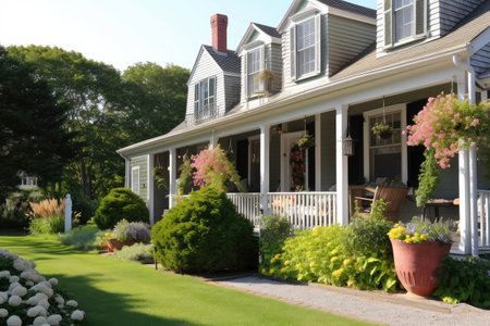 classic cape cod house with wrap-around porch and hanging pots, created with generative aiの素材