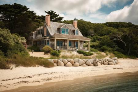 cape cod house with its own private beach, overlooking picturesque cove, created with generative aiの素材