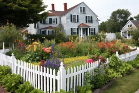 view of colorful garden surrounded by white picket fence in front of cape cod house, created with generative aiの素材