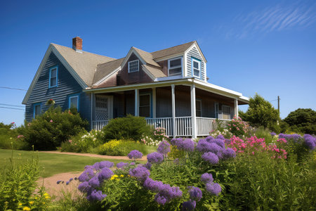 cape cod house, with front porch and garden, against blue sky, created with generative aiの素材