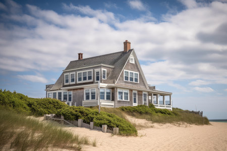 cape cod house exterior, with scenic view of the beach and ocean, created with generative aiの素材