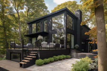 modern cape cod house with contemporary exterior, featuring black metal and glass accents, created with generative aiの素材