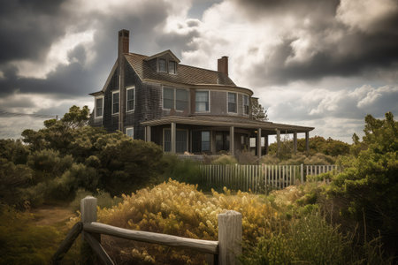 cape cod house exterior, with view of dramatic stormy sky, created with generative aiの素材