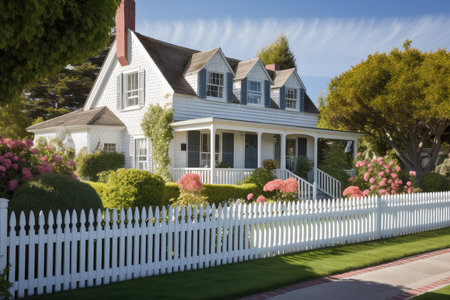 cape cod house with classic picket fence and manicured yard, created with generative aiの素材