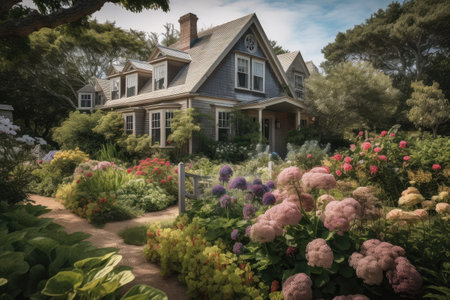 cape cod house surrounded by blooming flower gardens, created with generative aiの素材