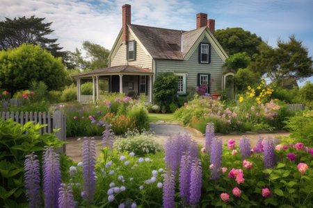 cape cod house surrounded by blooming flower gardens, created with generative aiの素材