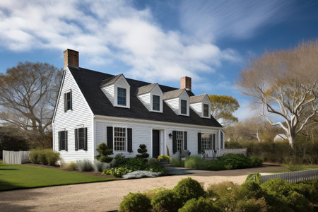 cape cod house with white siding and black shutters against blue sky, created with generative aiの素材