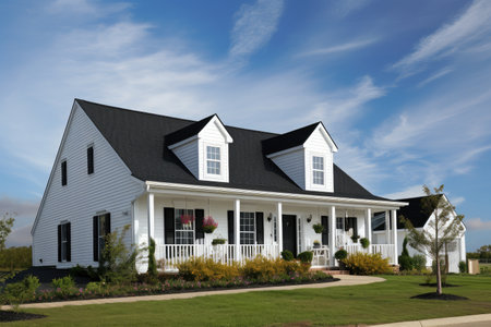 cape cod house with white siding and black shutters against blue sky, created with generative aiの素材