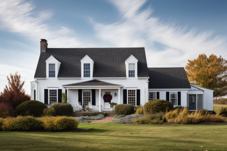 cape cod house with white siding and black shutters against blue sky, created with generative aiの素材