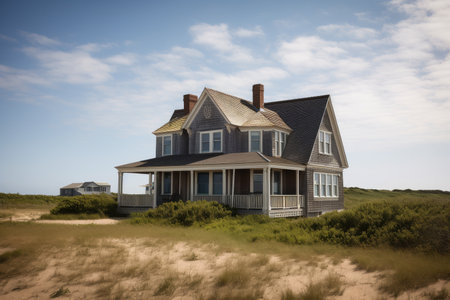 cape cod house, with view of beach and ocean in the distance, created with generative aiの素材