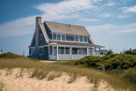 cape cod house, with view of beach and ocean in the distance, created with generative aiの素材