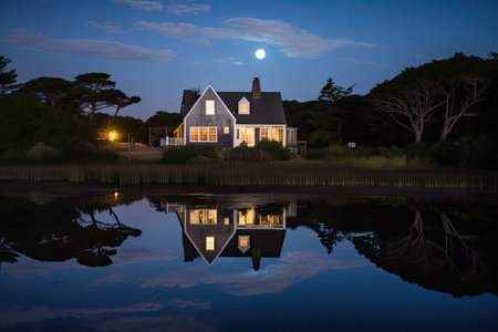 moonrise over cape cod house with reflection in water, created with generative aiの素材