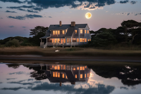 moonrise over cape cod house with reflection in water, created with generative aiの素材