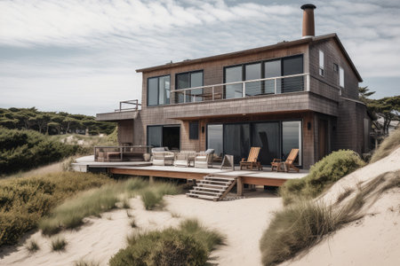 cape cod beach house with ocean view, sunbathers and surfers in the distance, created with generative aiの素材
