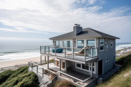 cape cod beach house with ocean view, sunbathers and surfers in the distance, created with generative aiの素材