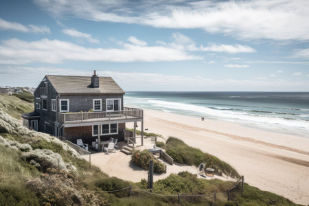cape cod beach house with ocean view, sunbathers and surfers in the distance, created with generative aiの素材