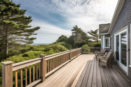 cape cod house with deck and view of the beach, created with generative aiの素材