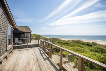 cape cod house with deck and view of the beach, created with generative aiの素材