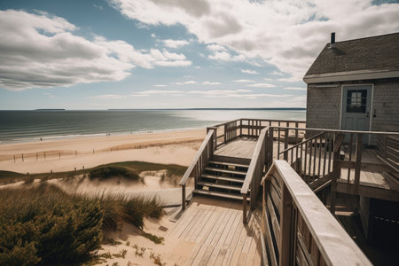 cape cod house with deck and view of the beach, created with generative aiの素材