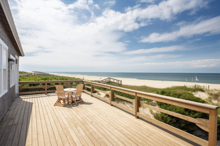 cape cod house with deck and view of the beach, created with generative aiの素材