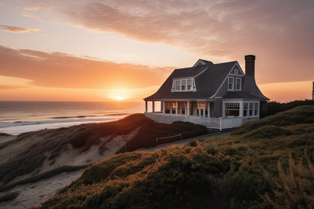 cape cod house with view of sunset over the ocean, waves rolling in, created with generative aiの素材