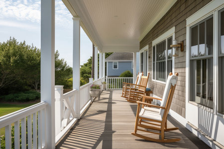 cape cod house with screened-in porch and rocking chairs, created with generative aiの素材