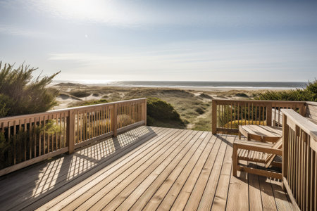rustic wooden deck with view of the ocean and dunes, created with generative aiの素材